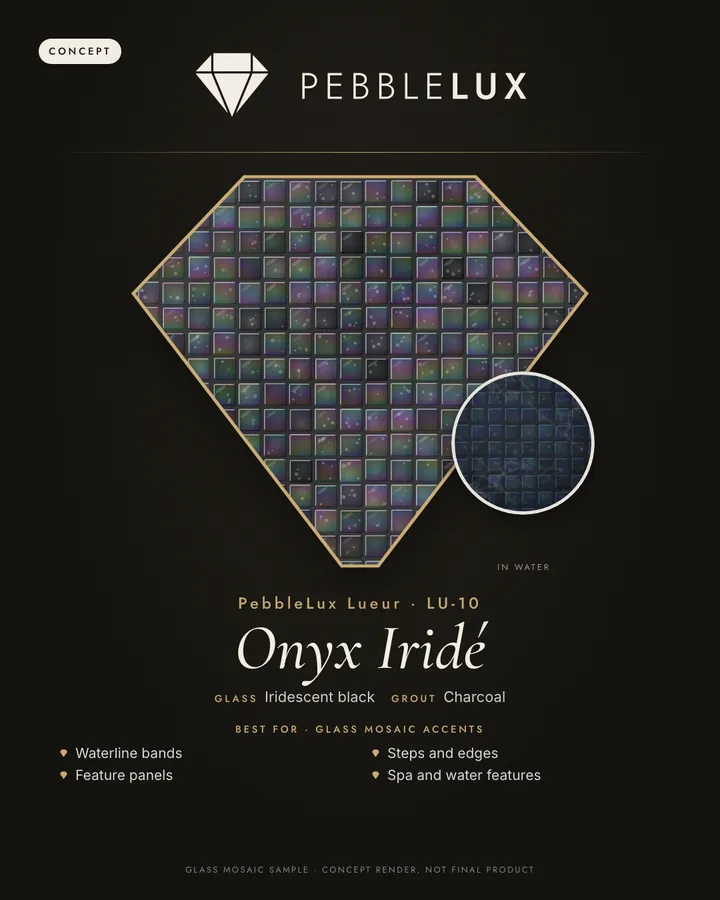 Onyx Iridé LU-10 sample card, Lueur Glass Mosaic Tiles