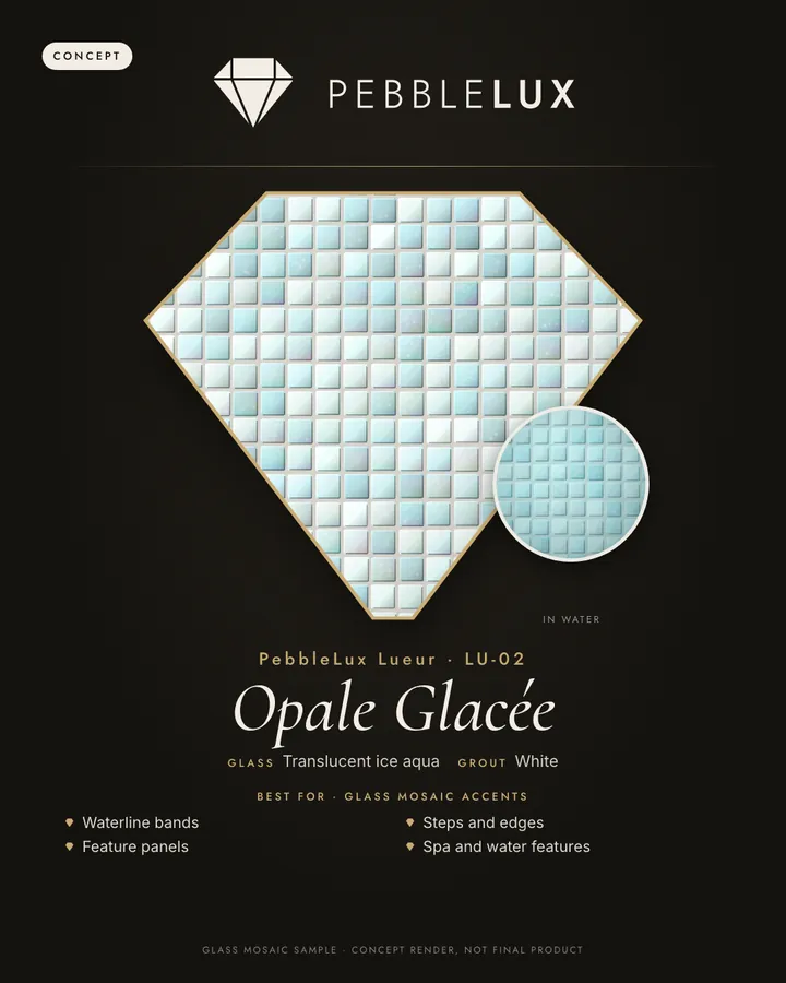 Opale Glacée LU-02 sample card, Lueur Glass Mosaic Tiles
